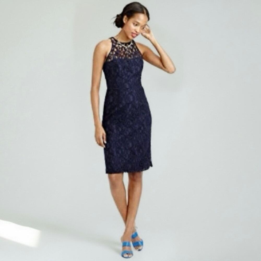J. Crew Pamela Leavers Lace Dress Blue Size 14 Elegant Sheath‎